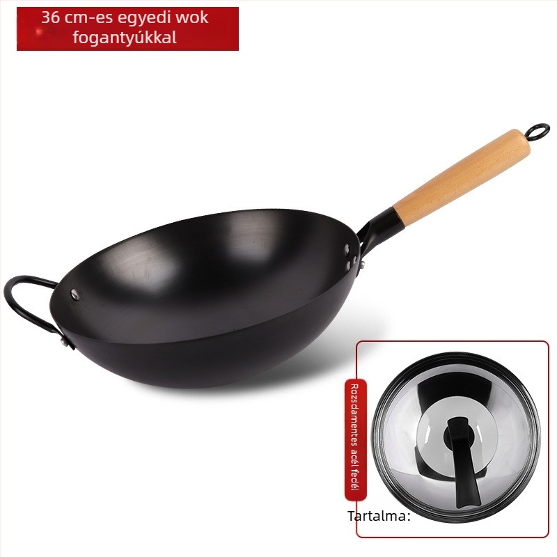 Tradicionális vas wok bevonat nélküli, rozsdamentes acélból, gáztűzhelyhez, átmérő 30–36 cm