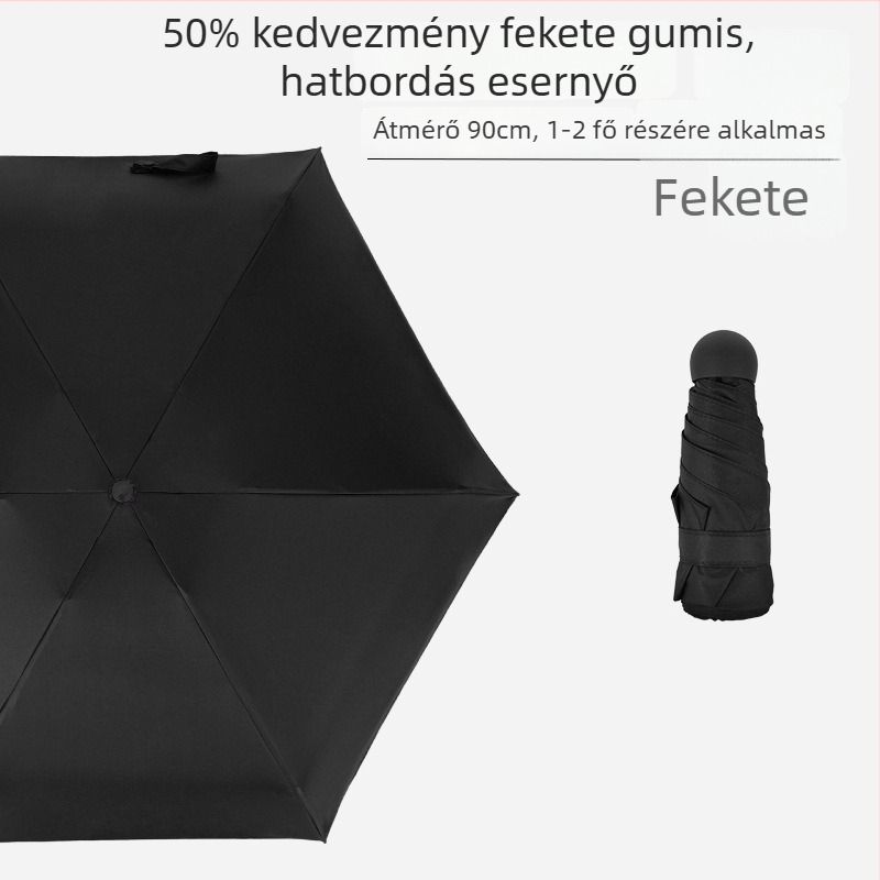 Hat bordás mini zsebs esernyő, UV-védelem, fekete bevonat, uniszex, üzleti ajándék reklám esernyő