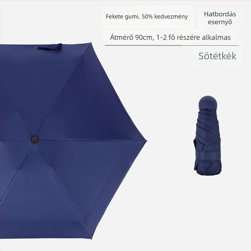 Hat bordás mini zsebs esernyő, UV-védelem, fekete bevonat, uniszex, üzleti ajándék reklám esernyő