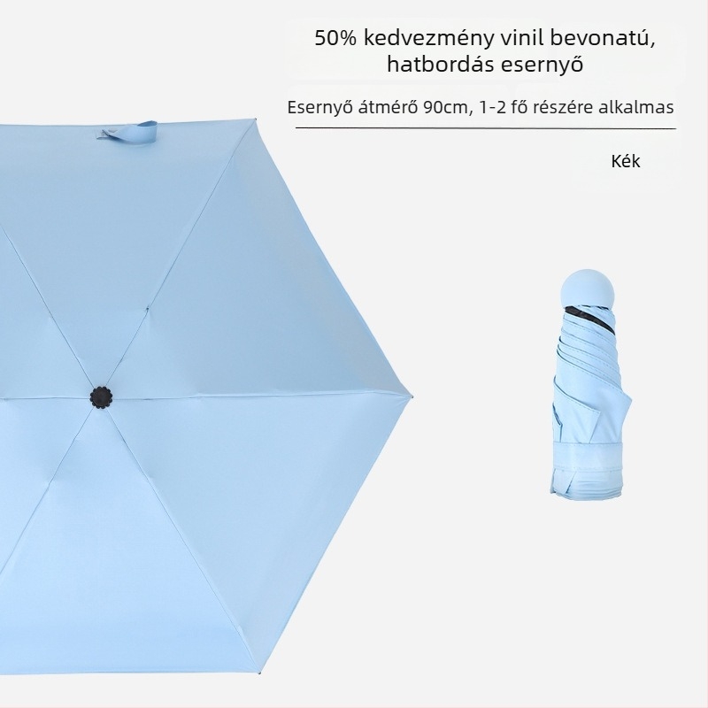 Hat bordás mini zsebs esernyő, UV-védelem, fekete bevonat, uniszex, üzleti ajándék reklám esernyő
