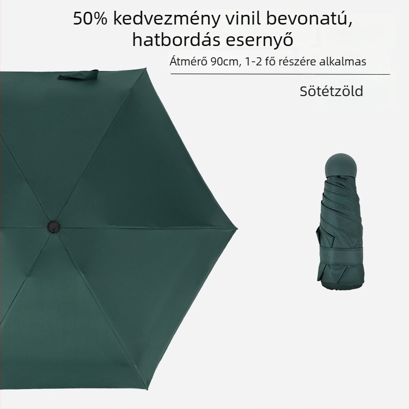 Hat bordás mini zsebs esernyő, UV-védelem, fekete bevonat, uniszex, üzleti ajándék reklám esernyő
