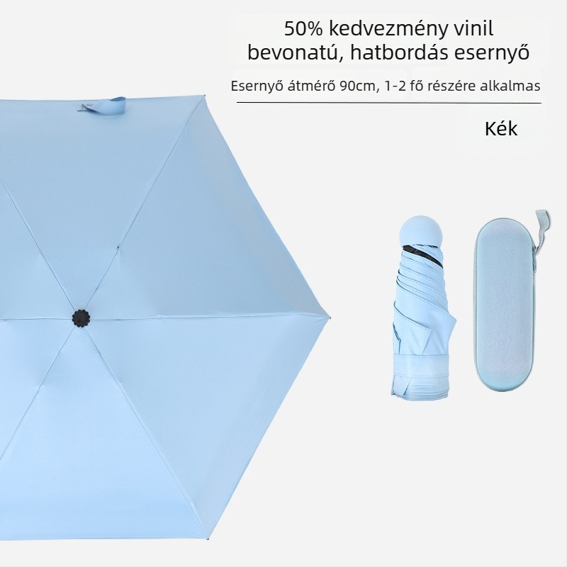 Hat bordás mini zsebs esernyő, UV-védelem, fekete bevonat, uniszex, üzleti ajándék reklám esernyő