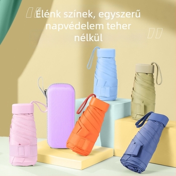 Öt részes zsebes összecsukható esernyő, színben harmonizált fogantyúval, UV-védelem, megerősített fekete bevonat, kártyaméretű, hordozható napra és esőre