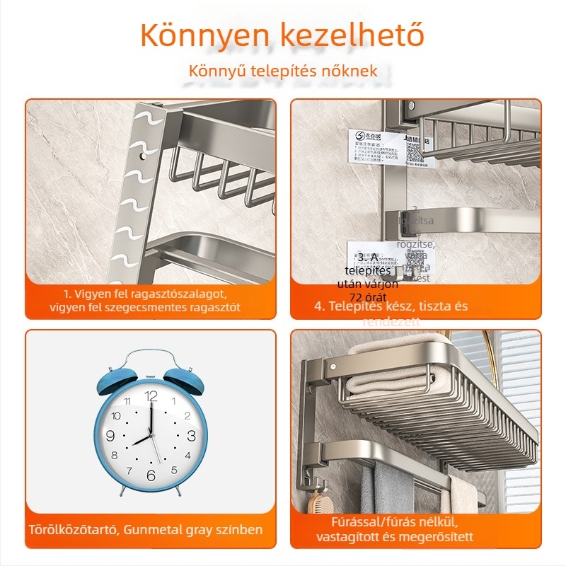 Alumínium fürdőszobai falra szerelhető tároló törölközőkhöz, összecsukható, fúrás nélkül, két szintű