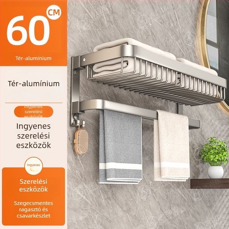 Alumínium fürdőszobai falra szerelhető tároló törölközőkhöz, összecsukható, fúrás nélkül, két szintű