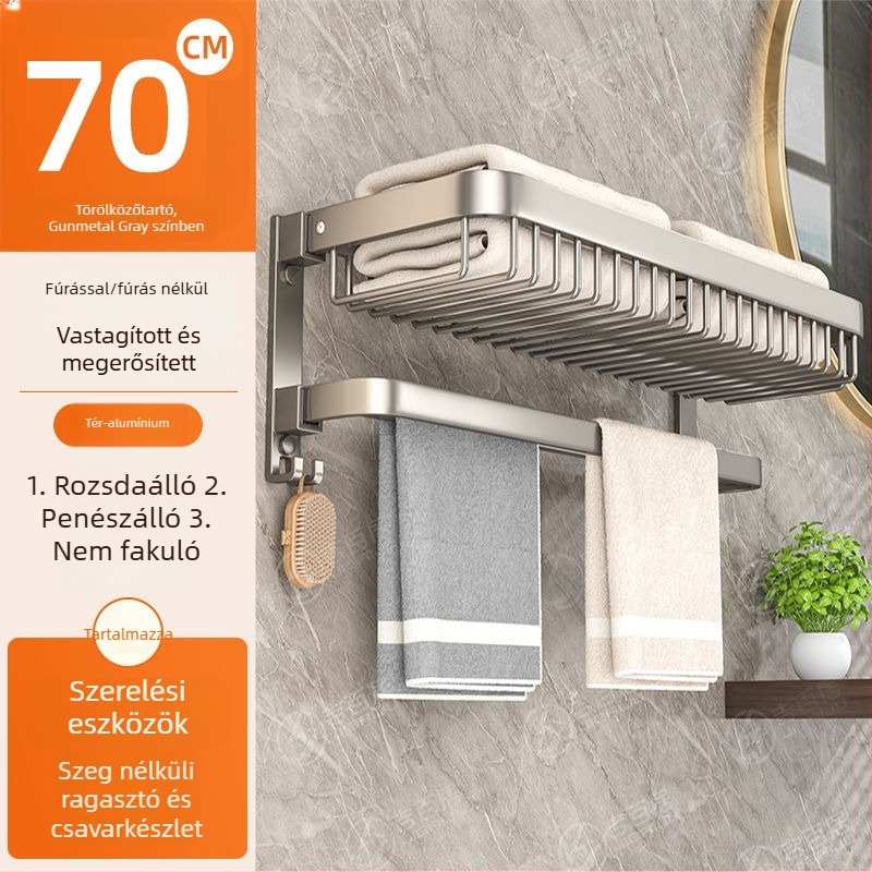 Alumínium fürdőszobai falra szerelhető tároló törölközőkhöz, összecsukható, fúrás nélkül, két szintű