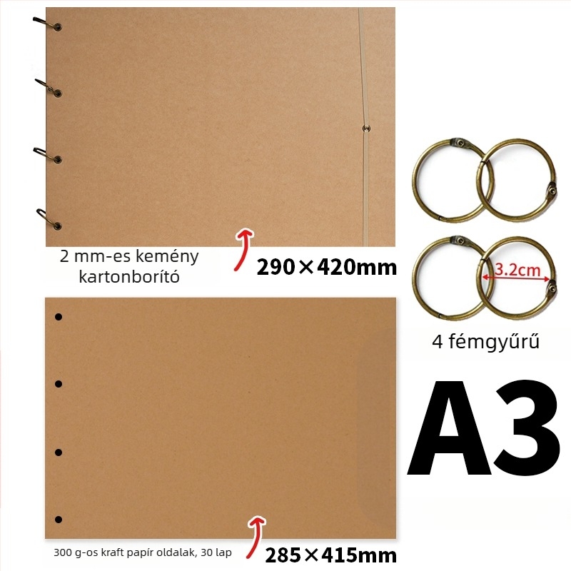 Egyszerű retro kézzel készült DIY fényképalbum vastag kraft papírral, scrapbook, emlékalbum A3