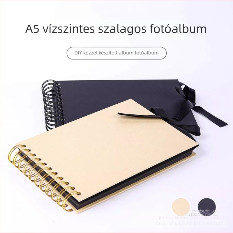 A5-ös vízszintes spirálkötéses album, kézműves papírból készült borító, DIY scrapbook masnival, 30 oldal