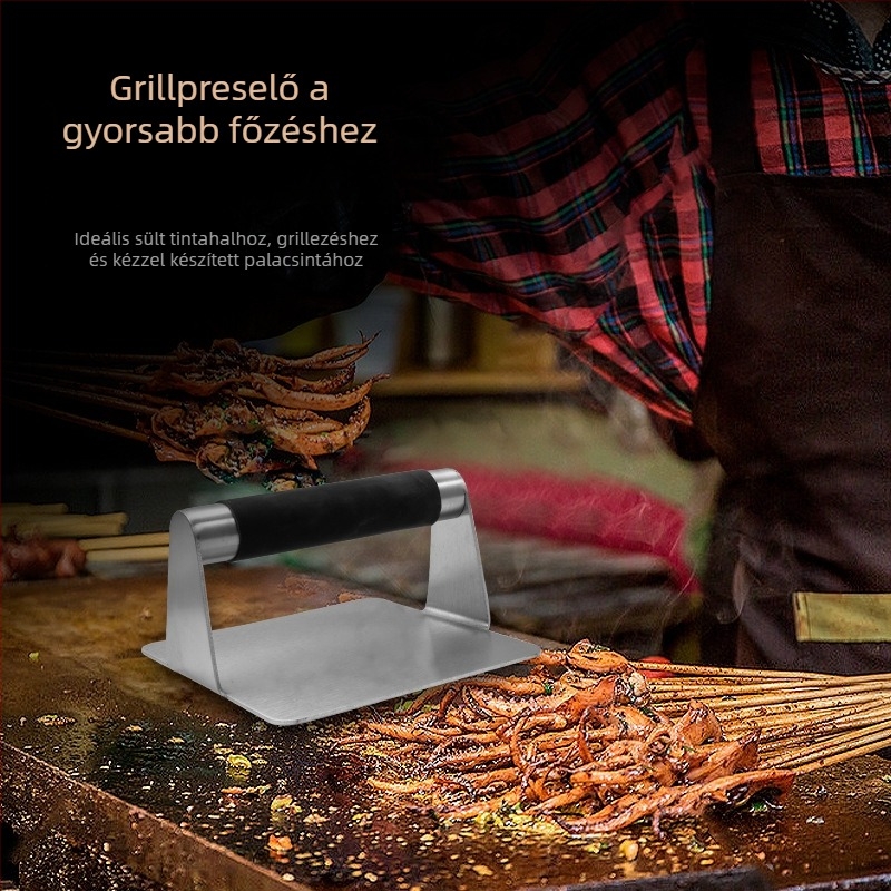 Rozsdamentes acél burgerprés, kézi nyomással, kör- és négyszögletes lemezzel, pizzához és steakhez, teppanyaki konyhai eszköz