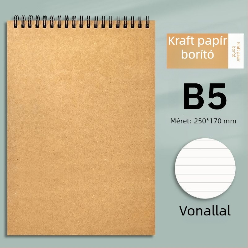 Kraft papír spirálfüzet B5-ös, vastított kivitel, felnyitható felső rész, vonalas és négyzetrácsos lapok, minimalist stílus egyetemisták számára és mesterképzésekhez