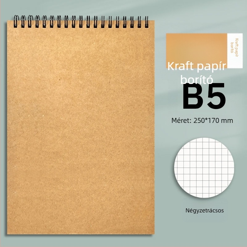 Kraft papír spirálfüzet B5-ös, vastított kivitel, felnyitható felső rész, vonalas és négyzetrácsos lapok, minimalist stílus egyetemisták számára és mesterképzésekhez