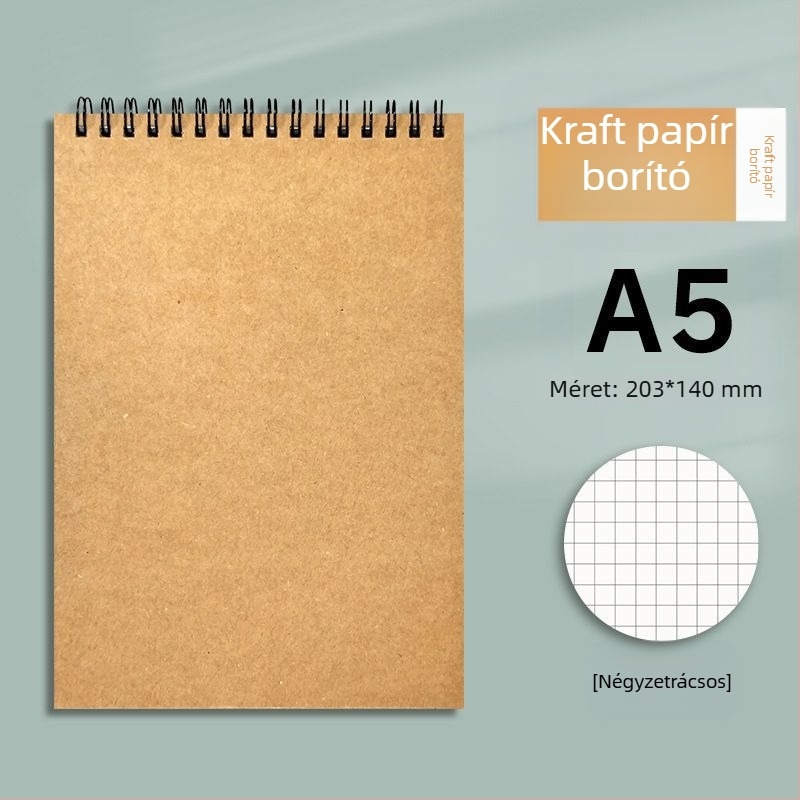 Kraft papír spirálfüzet B5-ös, vastított kivitel, felnyitható felső rész, vonalas és négyzetrácsos lapok, minimalist stílus egyetemisták számára és mesterképzésekhez