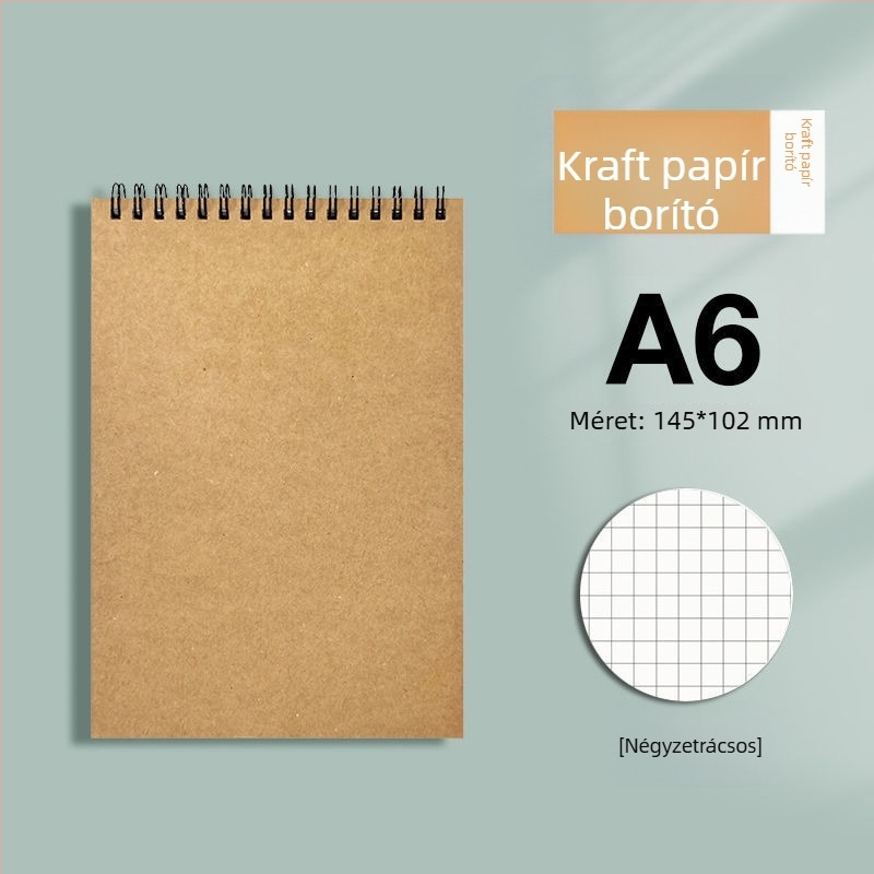 Kraft papír spirálfüzet B5-ös, vastított kivitel, felnyitható felső rész, vonalas és négyzetrácsos lapok, minimalist stílus egyetemisták számára és mesterképzésekhez