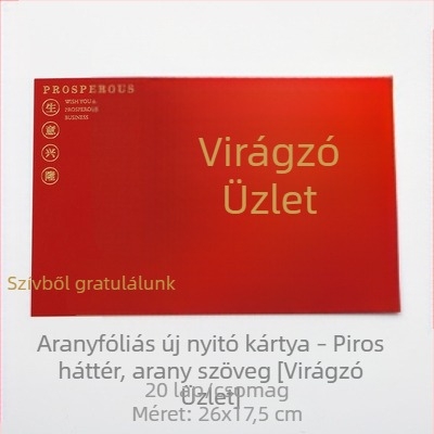 Aranyozott üdvözlőlap üzleti megnyitókra és ünnepségekre, virágkosár motívummal, költözéshez kártya, friss virágok csomagolóanyagok