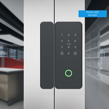 Irodai üvegajtóhoz készült intelligens zár, ujjlenyomat, jelszó, Bluetooth és mágneskártya hozzáféréssel; automatikus, fúrás nélküli telepítés