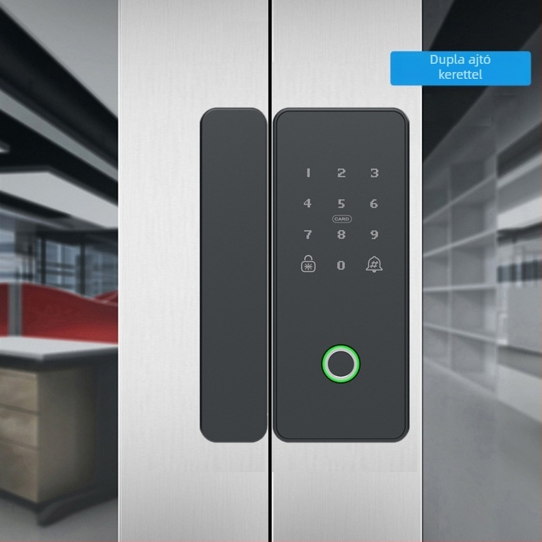 Irodai üvegajtóhoz készült intelligens zár, ujjlenyomat, jelszó, Bluetooth és mágneskártya hozzáféréssel; automatikus, fúrás nélküli telepítés