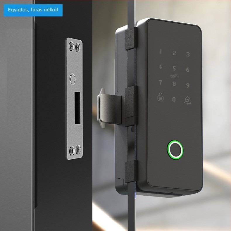Irodai üvegajtóhoz készült intelligens zár, ujjlenyomat, jelszó, Bluetooth és mágneskártya hozzáféréssel; automatikus, fúrás nélküli telepítés