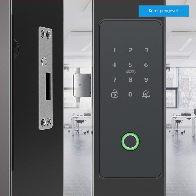 Irodai üvegajtóhoz készült intelligens zár, ujjlenyomat, jelszó, Bluetooth és mágneskártya hozzáféréssel; automatikus, fúrás nélküli telepítés