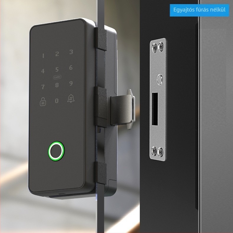 Irodai üvegajtóhoz készült intelligens zár, ujjlenyomat, jelszó, Bluetooth és mágneskártya hozzáféréssel; automatikus, fúrás nélküli telepítés