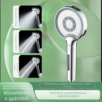 Szűrős, megerősített kézi zuhanyfej három funkcióval és három beállítással, nagy panellel