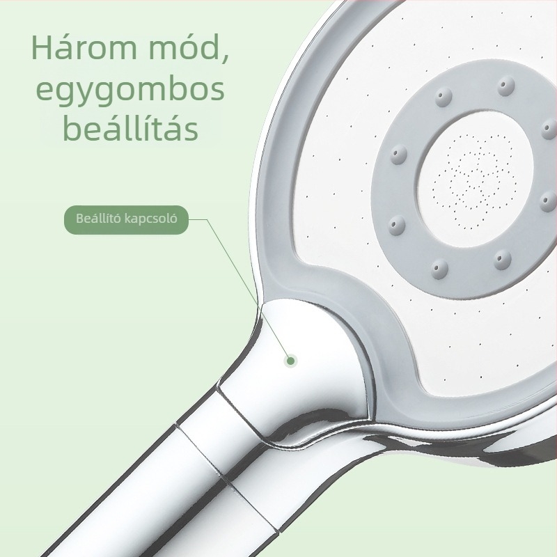 Szűrős, megerősített kézi zuhanyfej három funkcióval és három beállítással, nagy panellel