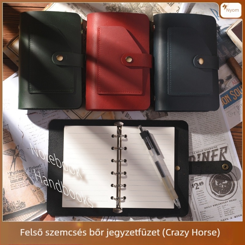 Retro stílusú bőrnapló, A6/A7 méret, Crazy Horse bőrrel, csattal záródó, kártyatartó rekesszel