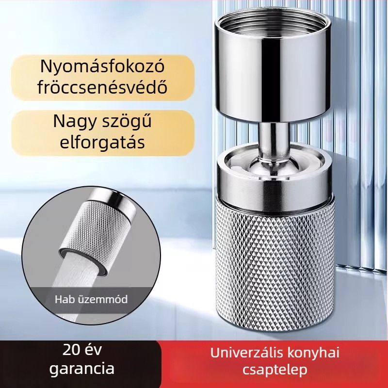 Rozsdamentes acélból készült konyhai csaptele anti-splash fejjel, univerzális csatlakozóval és 360°-os forgó hosszabbítóval