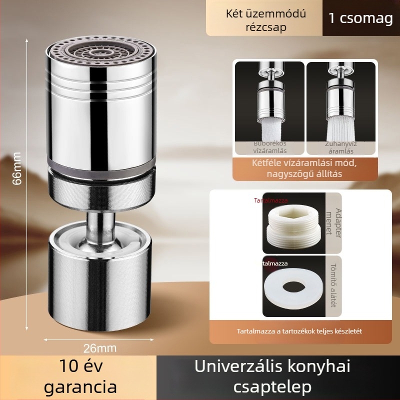 Rozsdamentes acélból készült konyhai csaptele anti-splash fejjel, univerzális csatlakozóval és 360°-os forgó hosszabbítóval