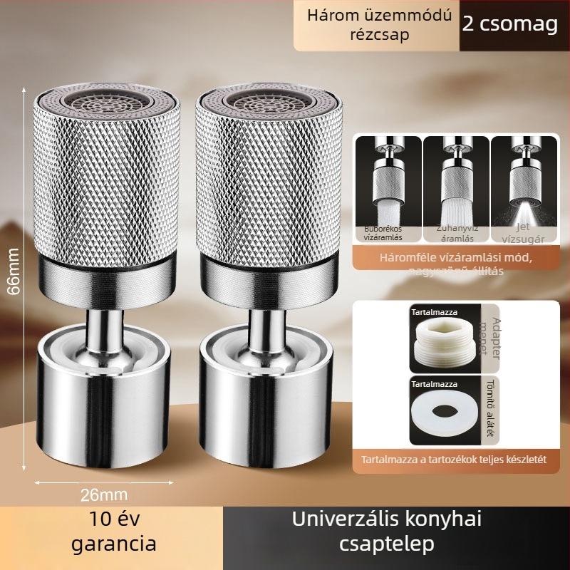Rozsdamentes acélból készült konyhai csaptele anti-splash fejjel, univerzális csatlakozóval és 360°-os forgó hosszabbítóval