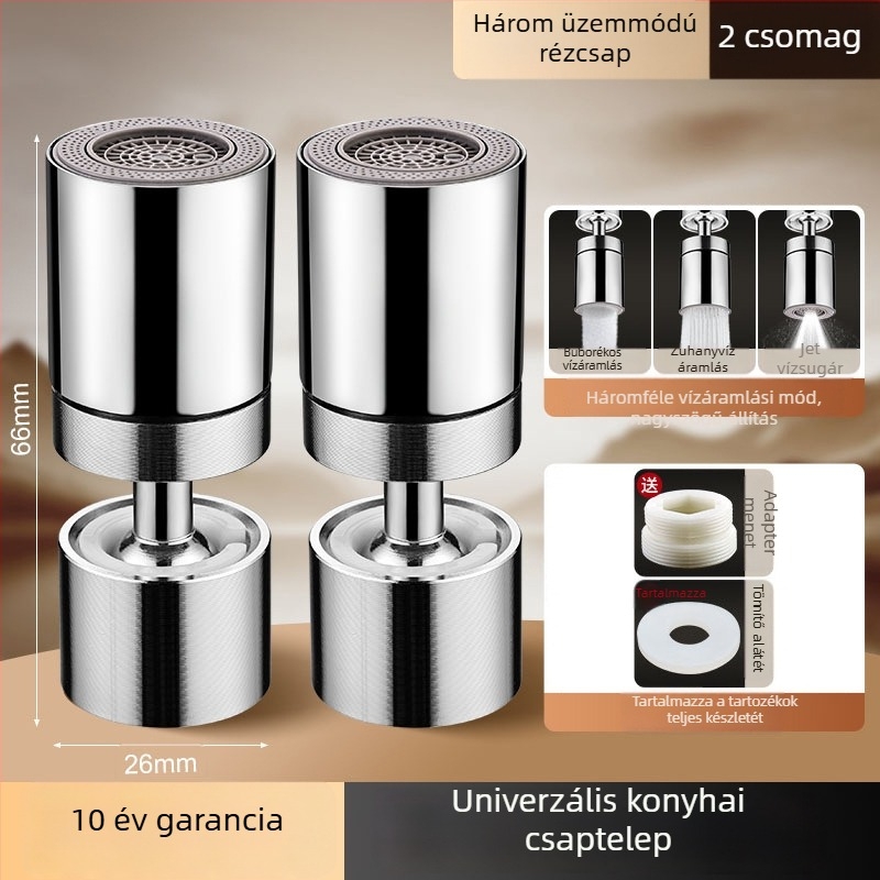 Rozsdamentes acélból készült konyhai csaptele anti-splash fejjel, univerzális csatlakozóval és 360°-os forgó hosszabbítóval