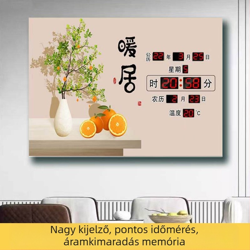 Elektronikus örökkalendárium falióra hőmérséklet kijelzővel és LED kijelzővel – nappali dekoráció