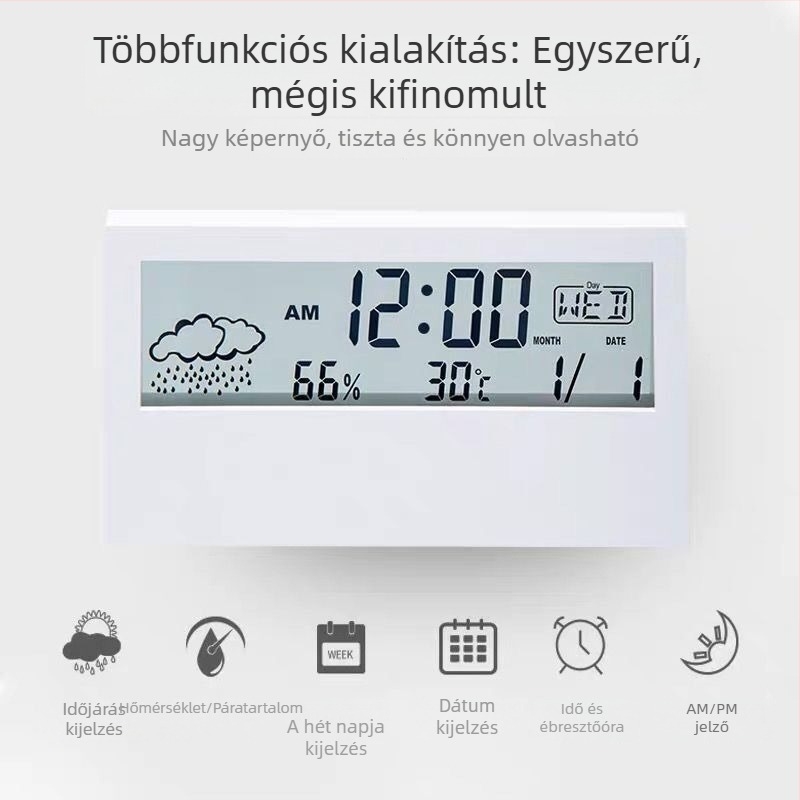 Átlátszó diák ébresztőóra íróasztalhoz, többfunkciós elektronikus óra hőmérséklettel és páratartalommal