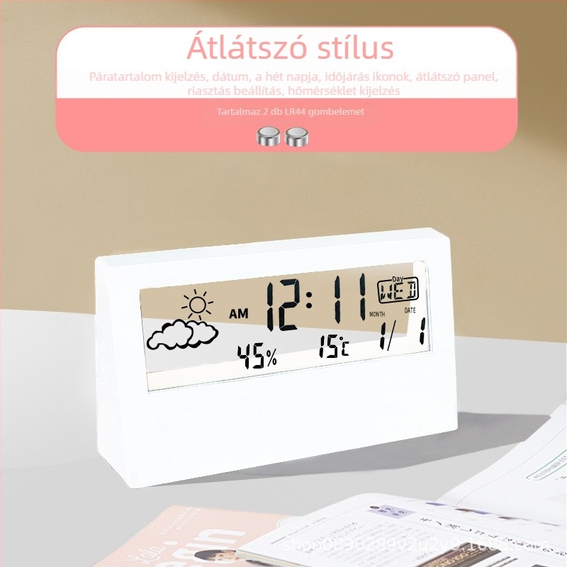 Átlátszó diák ébresztőóra íróasztalhoz, többfunkciós elektronikus óra hőmérséklettel és páratartalommal