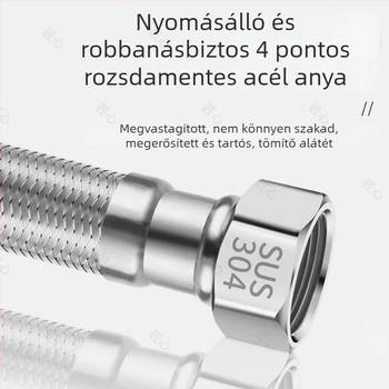 304 rozsdamentes acél fonott beömlő vízcső forró és hideg vízhez, háztartási WC-hez és bojlerhez, magas nyomású 1/2 hüvelykes hosszabbítócső