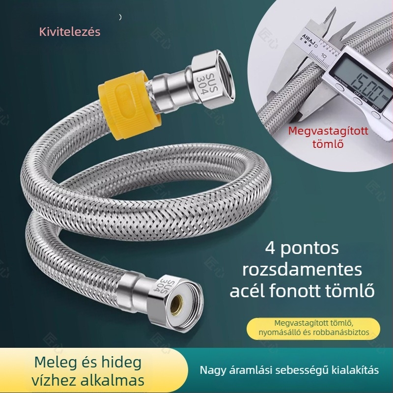 304 rozsdamentes acél fonott beömlő vízcső forró és hideg vízhez, háztartási WC-hez és bojlerhez, magas nyomású 1/2 hüvelykes hosszabbítócső