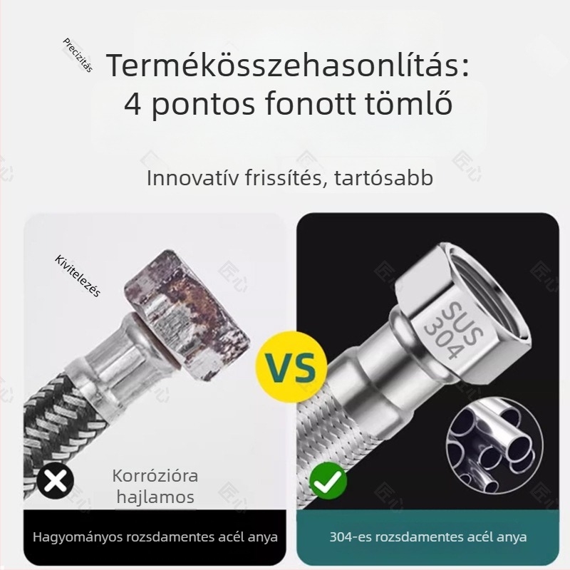 304 rozsdamentes acél fonott beömlő vízcső forró és hideg vízhez, háztartási WC-hez és bojlerhez, magas nyomású 1/2 hüvelykes hosszabbítócső