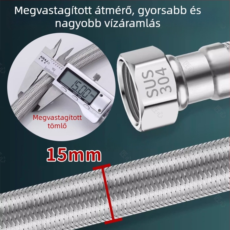 304 rozsdamentes acél fonott beömlő vízcső forró és hideg vízhez, háztartási WC-hez és bojlerhez, magas nyomású 1/2 hüvelykes hosszabbítócső