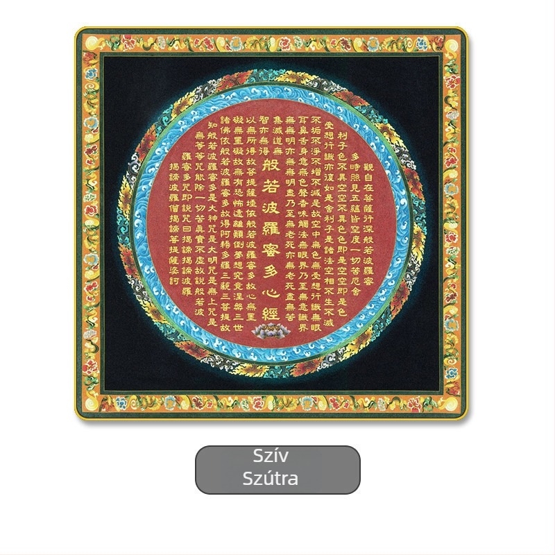 Thangka falikép hatszótagú mantrával és a Szív-szútrával, mandala motívum, nappali dekoráció