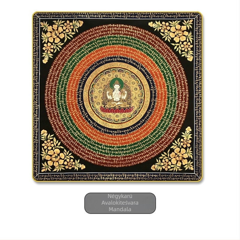 Thangka falikép hatszótagú mantrával és a Szív-szútrával, mandala motívum, nappali dekoráció