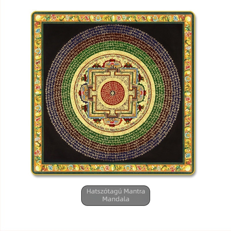 Thangka falikép hatszótagú mantrával és a Szív-szútrával, mandala motívum, nappali dekoráció