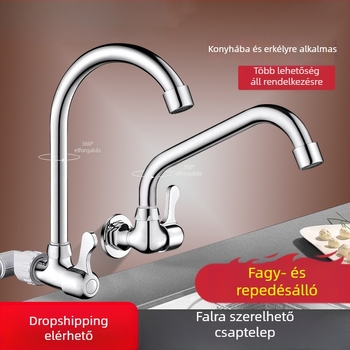 Fali beépítésű egykaros hideg vízű mosdó- és mosogatócsap fali fürdőszobába és konyhai mosogatóhoz, 360°-os forgás, cseppálló, horizontális oldalsó kimenet