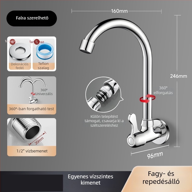Fali beépítésű egykaros hideg vízű mosdó- és mosogatócsap fali fürdőszobába és konyhai mosogatóhoz, 360°-os forgás, cseppálló, horizontális oldalsó kimenet