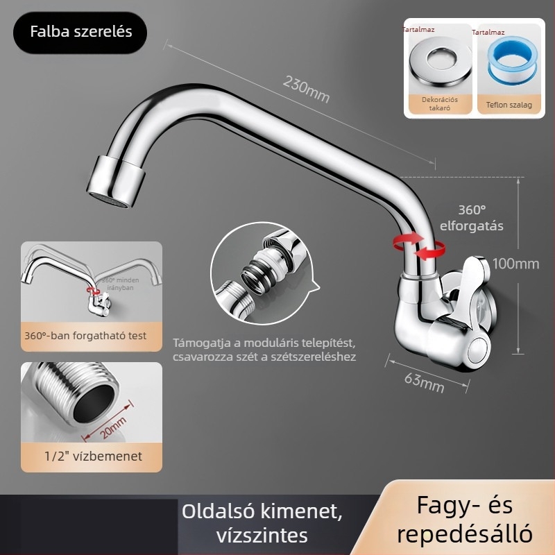 Fali beépítésű egykaros hideg vízű mosdó- és mosogatócsap fali fürdőszobába és konyhai mosogatóhoz, 360°-os forgás, cseppálló, horizontális oldalsó kimenet