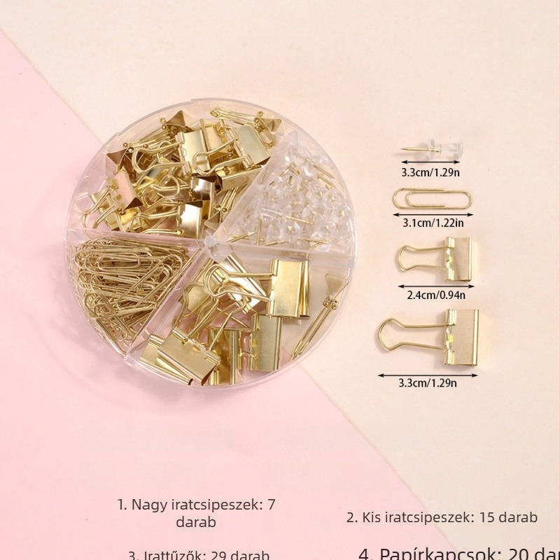 Fém irodai készlet: iratkapcsok, papírkapcsok, gombostűk, négyrekeszes planner-szervező