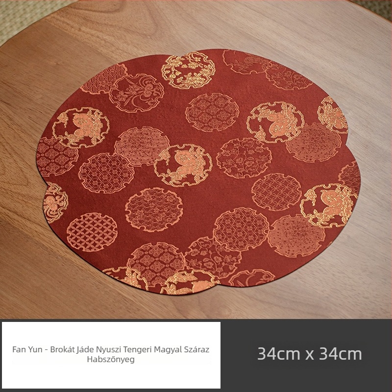 Zen ihletésű kínai stílusú textil tea-matta Jade Rabbit brokát mintával és begónia motívummal; vízálló és csúszásmentes.