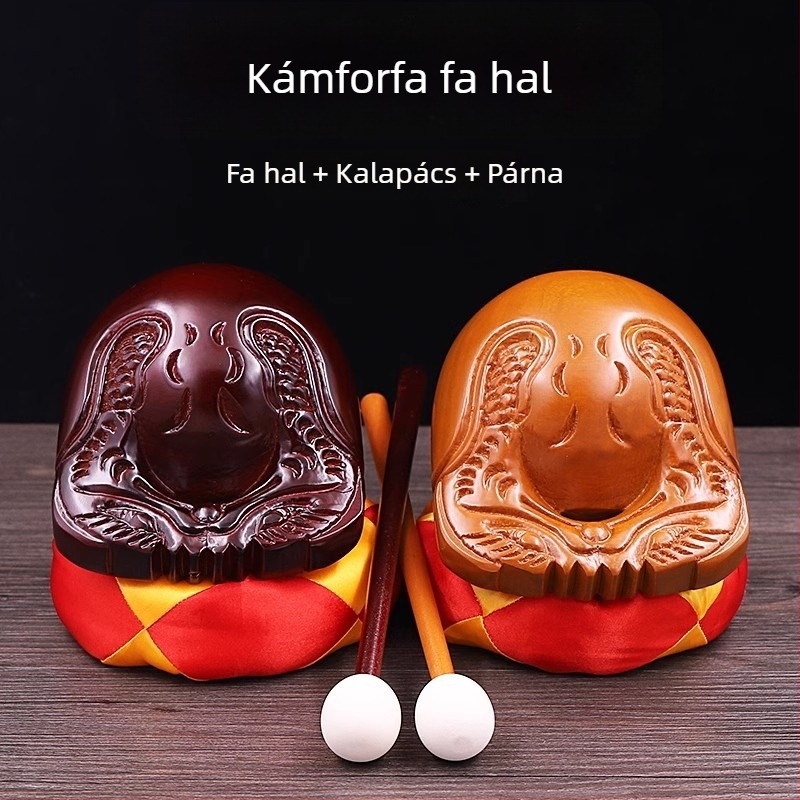Kamforfa fából készült Muyu – készlet vallási rituálékhoz, párnával és kalapáccsal; méretek 3.5–8 hüvelyk