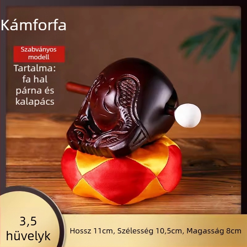 Kamforfa fából készült Muyu – készlet vallási rituálékhoz, párnával és kalapáccsal; méretek 3.5–8 hüvelyk