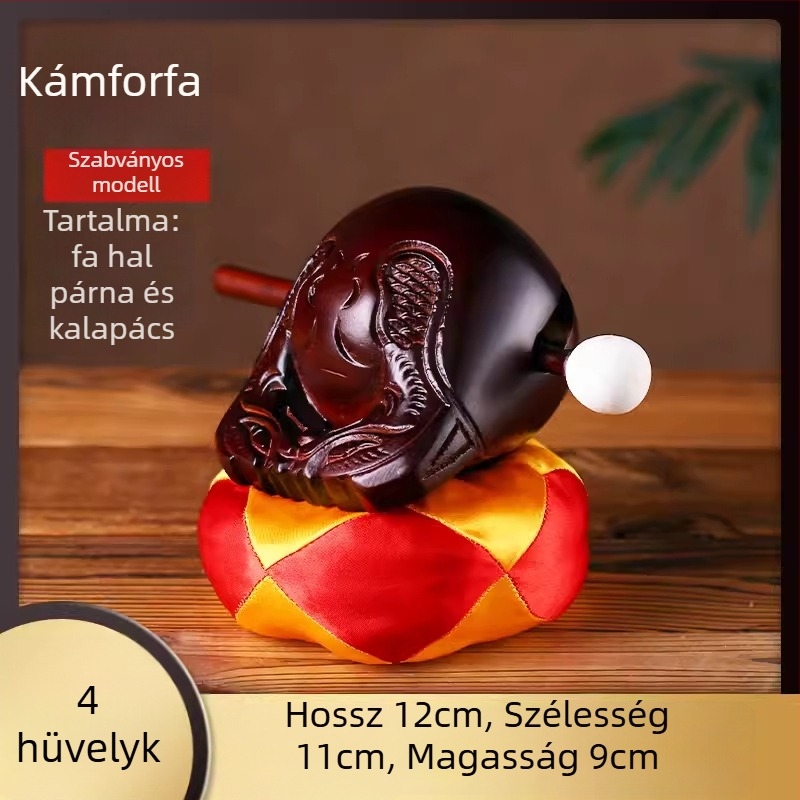 Kamforfa fából készült Muyu – készlet vallási rituálékhoz, párnával és kalapáccsal; méretek 3.5–8 hüvelyk