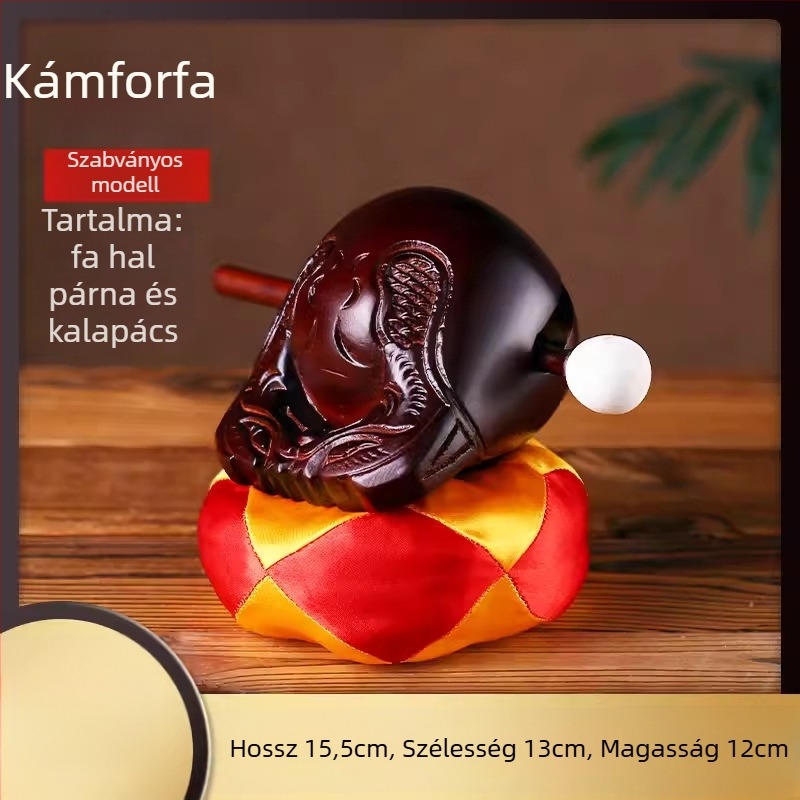 Kamforfa fából készült Muyu – készlet vallási rituálékhoz, párnával és kalapáccsal; méretek 3.5–8 hüvelyk