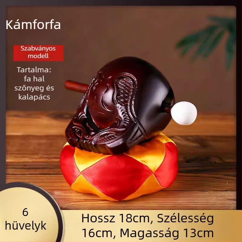 Kamforfa fából készült Muyu – készlet vallási rituálékhoz, párnával és kalapáccsal; méretek 3.5–8 hüvelyk